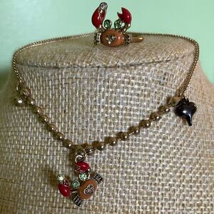 Adorable Betsey Johnson Gold and Red Crab Bracelet and Adjustable Ring